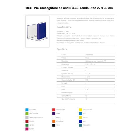 Raccoglitore Esselte Meeting a 4 anelli tondi 30mm cartone rivestito in PP viola 22x30cm dorso 4cm - 395792950